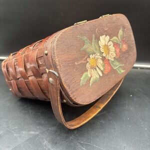 Vintage Wooden Basket Purse Strawberry Motif Fomerz Made In Spain Medium Painted